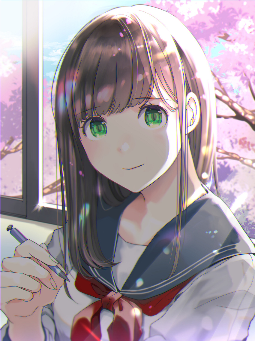 1girl bangs blue_sailor_collar brown_hair cherry_blossoms closed_mouth commentary_request green_eyes highres holding holding_phone indoors long_hair looking_at_viewer neckerchief original phone red_neckerchief sailor_collar school_uniform serafuku smile solo spring_(season) upper_body window yamamoto_makuya