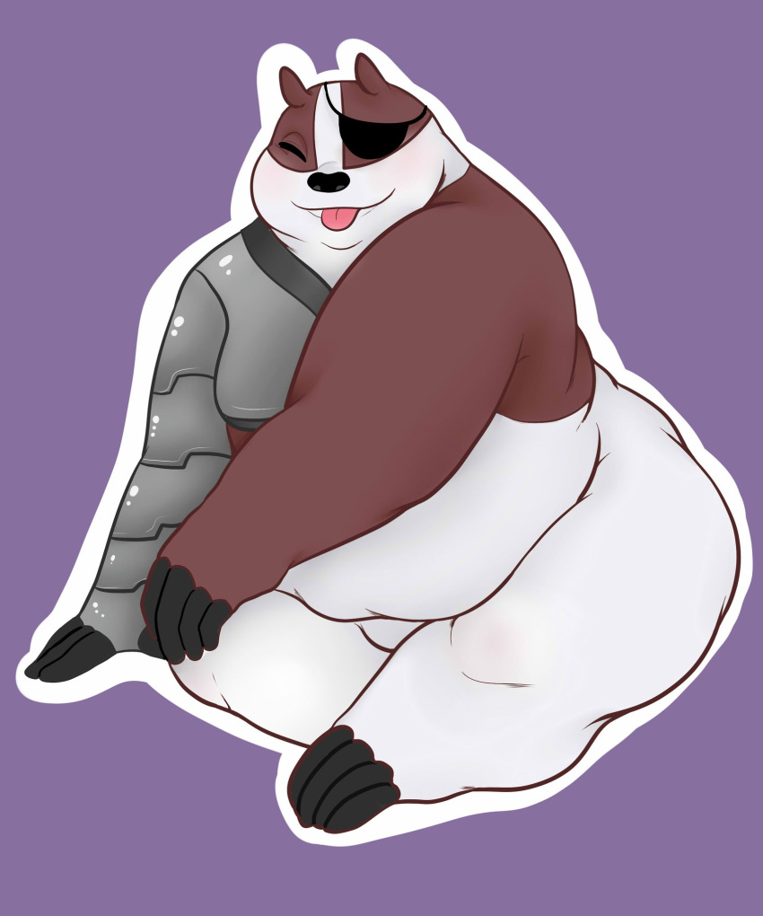 anthro badger badgerclops belly blep blush cartoon_network cybernetics cyborg eye_patch eyewear featureless_crotch fleshysack fupa hi_res machine male mammal mao_mao:_heroes_of_pure_heart mechanical_arm mustelid musteline overweight solo tongue tongue_out