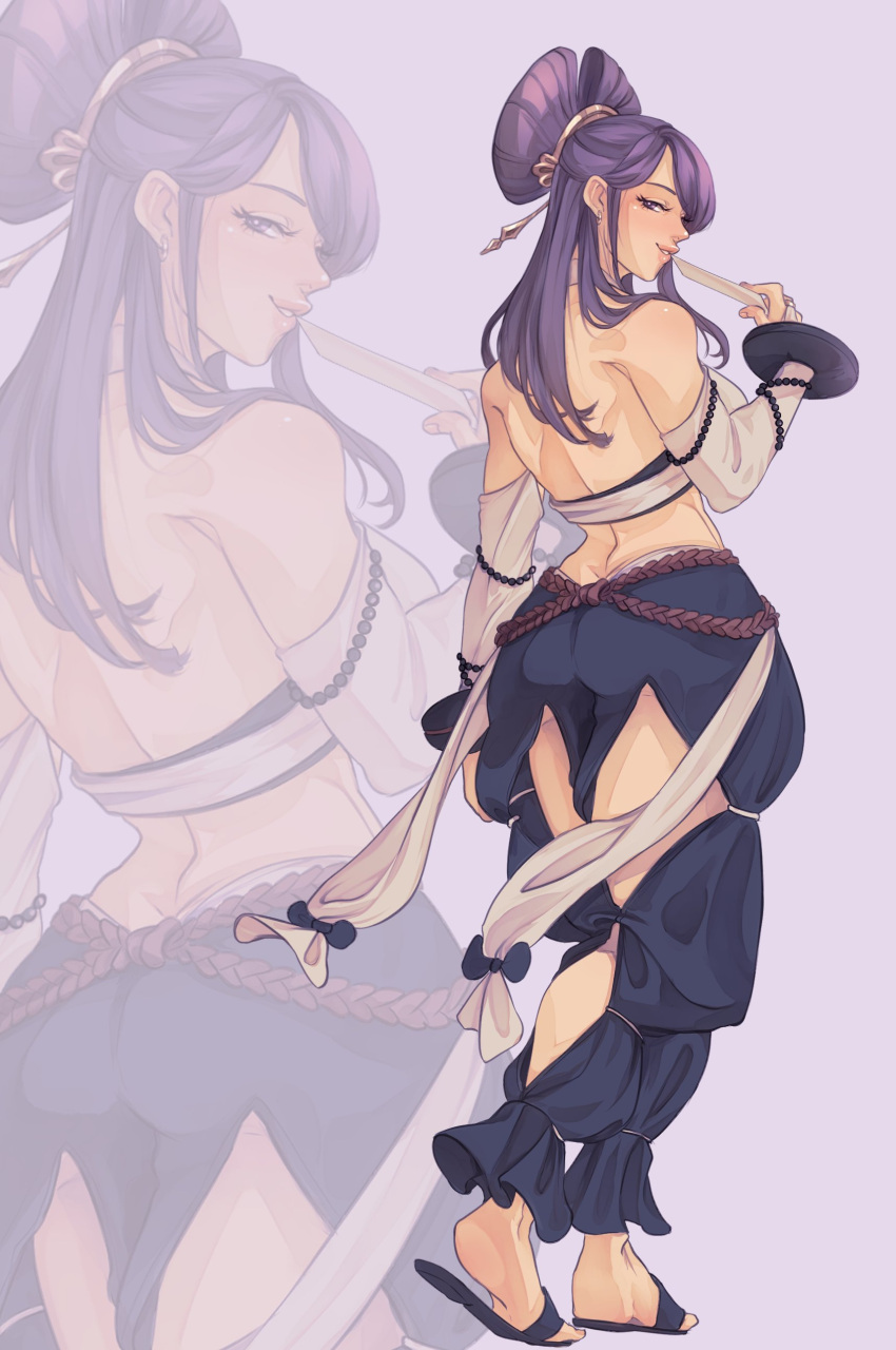 1girl absurdres back butt_crack commission detached_sleeves fire_emblem fire_emblem_fates full_body grin hair_tie halterneck highres iaurencin long_hair looking_at_viewer midriff orochi_(fire_emblem) pants parted_lips purple_eyes purple_hair revealing_clothes sandals smile solo standing teeth toeless_footwear two_side_up