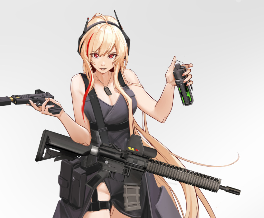 1girl absurdres alternate_costume assault_rifle bangs black_dress blonde_hair breasts cleavage collarbone dress explosive fangs feet_out_of_frame girls'_frontline grenade gun handgun headphones highres holding holding_gun holding_weapon jewelry long_hair looking_at_viewer m4_sopmod_ii m4_sopmod_ii_(girls'_frontline) medallion medium_breasts multicolored_hair nail_polish necklace open_mouth pink_nails red_eyes rifle smile solo ss-7 standing streaked_hair upper_body very_long_hair weapon white_background