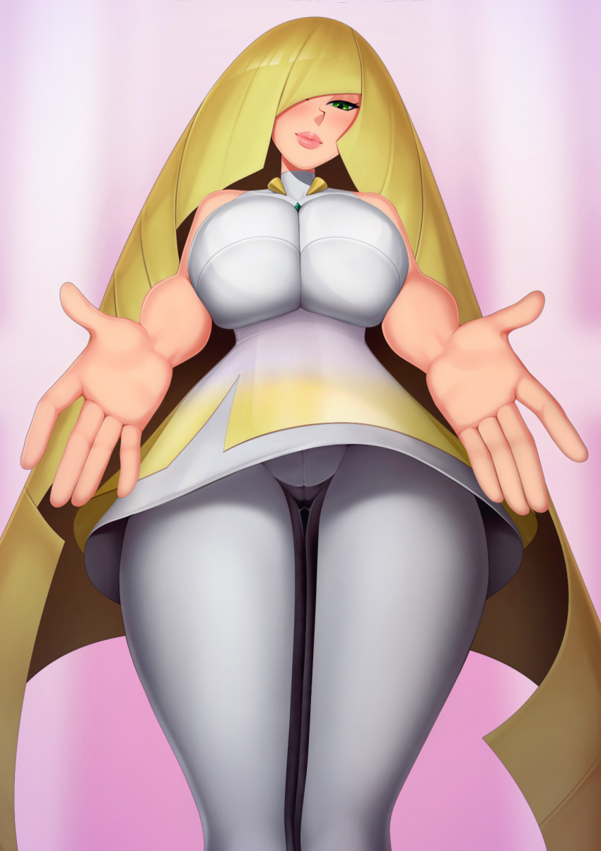 1girl alternate_breast_size big_hair blonde_hair dress english_commentary eyelashes feet_out_of_frame gem green_eyes green_gemstone hair_over_one_eye highres impossible_clothes impossible_dress lips long_hair loodncrood looking_at_viewer looking_down lusamine_(pokemon) open_hands pink_background pokemon pokemon_(game) pokemon_sm shadow shiny shiny_hair short_dress sleeveless sleeveless_dress solo thighs two-tone_legwear upskirt very_long_hair white_dress white_legwear
