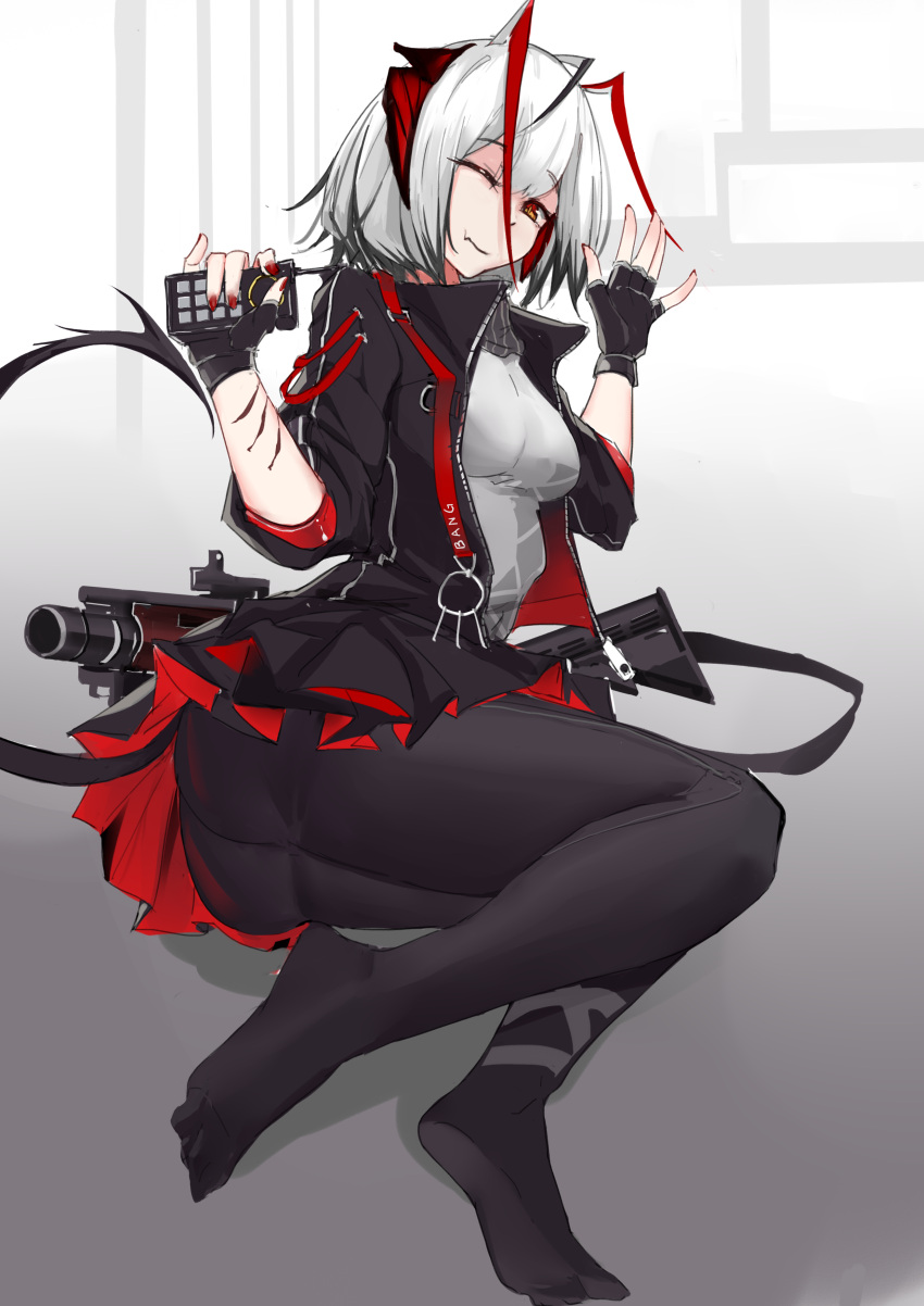 1girl absurdres antennae arknights bangs black_gloves black_jacket black_legwear black_skirt breasts closed_mouth demon_girl demon_horns demon_tail detonator fingerless_gloves full_body gloves grey_hair grey_scarf grey_shirt gun hand_up highres holding horns jacket long_hair looking_at_viewer lying medium_breasts nail_polish no_shoes on_side one_eye_closed open_clothes open_jacket orange_eyes pantyhose red_nails scarf shirt shotgun simple_background skirt sleeves_rolled_up solo ss-7 tail thighs w_(arknights) weapon weapon_removed