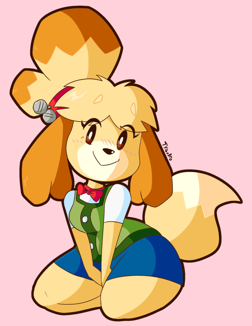 accessory animal_crossing anthro artist_name bell blush bottomwear bow_tie breasts canid canine canis clothed clothing digital_media_(artwork) domestic_dog eyelashes female fur green_clothing hair hair_accessory hands_in_lap hi_res isabelle_(animal_crossing) kneeling looking_at_viewer mammal nintendo red_bow_tie shih_tzu simple_background sitting sitting_on_knees skirt smile solo topwear toy_dog tyso_art video_games yellow_body yellow_fur