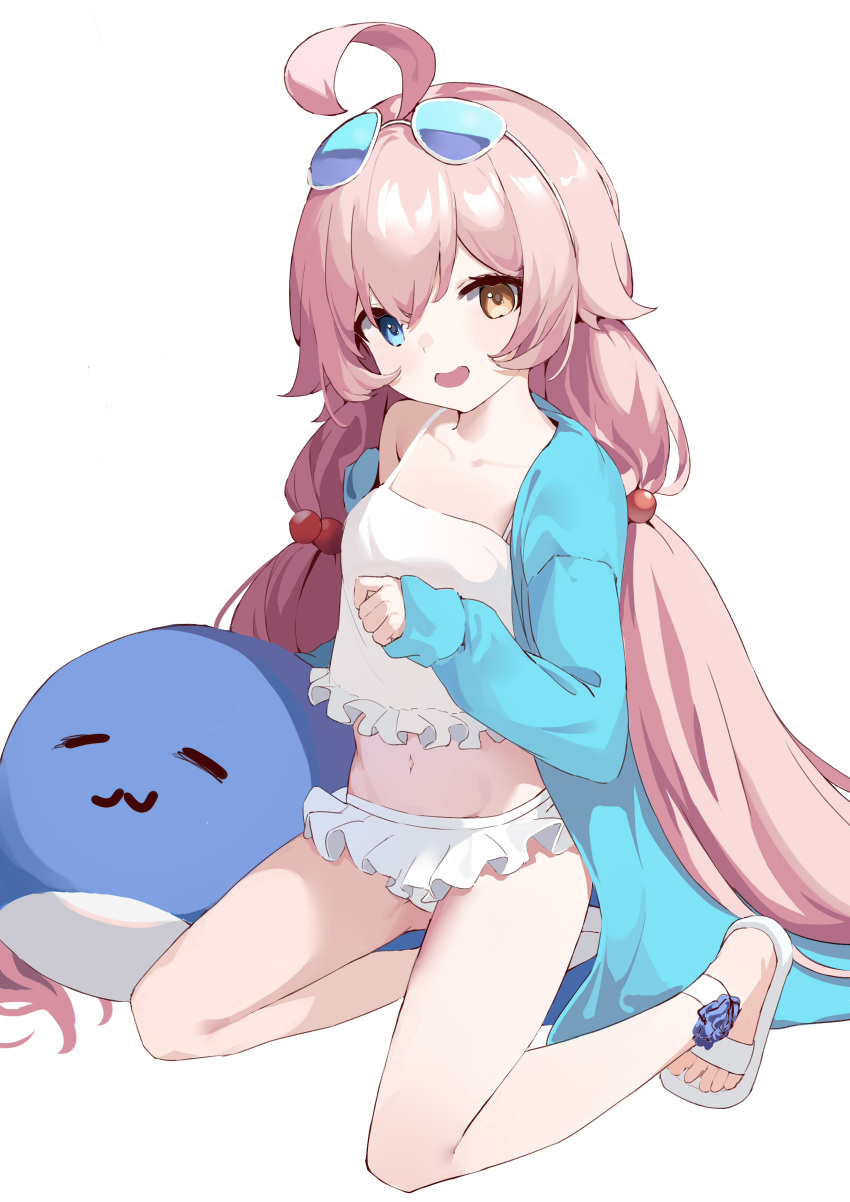 1girl absurdres ahoge ayaha_4780828 bikini blue_archive blue_eyes blue_jacket eyewear_on_head frilled_bikini frills hair_bobbles hair_ornament heterochromia highres hoshino_(blue_archive) hoshino_(swimsuit)_(blue_archive) inflatable_toy jacket long_hair long_sleeves looking_at_viewer low_twintails navel pink_hair sandals simple_background smile solo swimsuit twintails very_long_hair white_background white_bikini