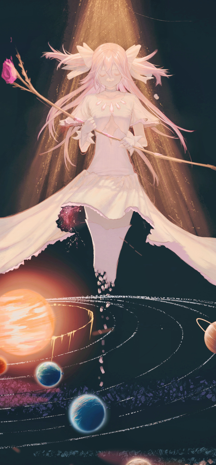 1girl bangs bow chinese_commentary choker closed_eyes collarbone commentary_request dissolving dress earth_(planet) facing_viewer floating_hair full_body gloves glowing hair_between_eyes hair_bow highres holding holding_wand kaname_madoka long_hair mahou_shoujo_madoka_magica moon orbital_path pink_hair planet saturn_(planet) smile solar_system solo space spotlight straight-on sun thighhighs two_side_up tyae ultimate_madoka uranus_(planet) venus_(planet) wand white_choker white_dress white_gloves white_thighhighs