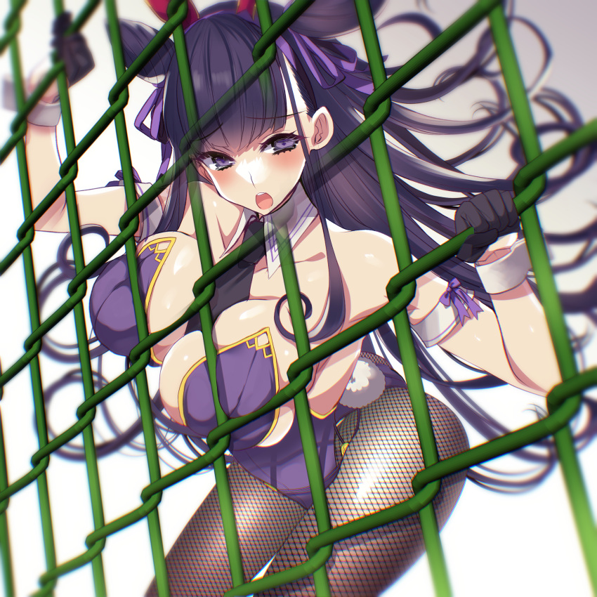 1girl animal_ears armband bangs bare_shoulders black_gloves blush breasts brown_legwear chain-link_fence cleavage collarbone cone_hair_bun detached_collar fake_animal_ears fate/grand_order fate_(series) fence fishnet_legwear fishnets gloves hair_bun half_gloves highleg highleg_leotard highres large_breasts leaning_forward leotard long_hair looking_at_viewer murasaki_shikibu_(fate) necktie open_mouth playboy_bunny purple_eyes purple_hair purple_leotard rabbit_ears rabbit_tail solo tail tajima_yoshikazu thighs two_side_up very_long_hair wrist_cuffs