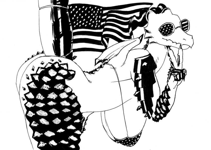 american_flag_bikini anthro big_breasts big_butt biped black_and_white breasts butt dragon female flag hanging_breasts huge_breasts monochrome pen_(artwork) plated_scales realius scales side_view sketch solo stars_and_stripes thick_thighs traditional_media_(artwork) united_states_of_america