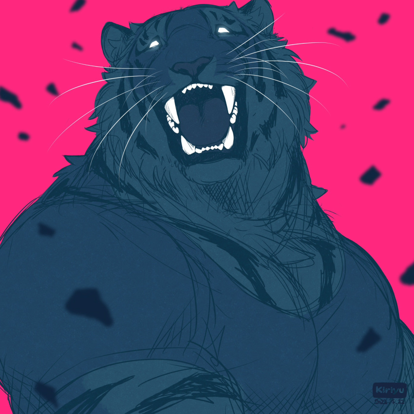 1boy animal_ears artist_name bara body_fur fangs furry furry_male glowing glowing_eyes highres large_pectorals limited_palette looking_at_viewer male_focus muscular muscular_male no_pupils open_mouth original pectorals pink_background sketch solo teru_suzu tiger_boy tiger_ears tiger_stripes upper_body whiskers white_eyes