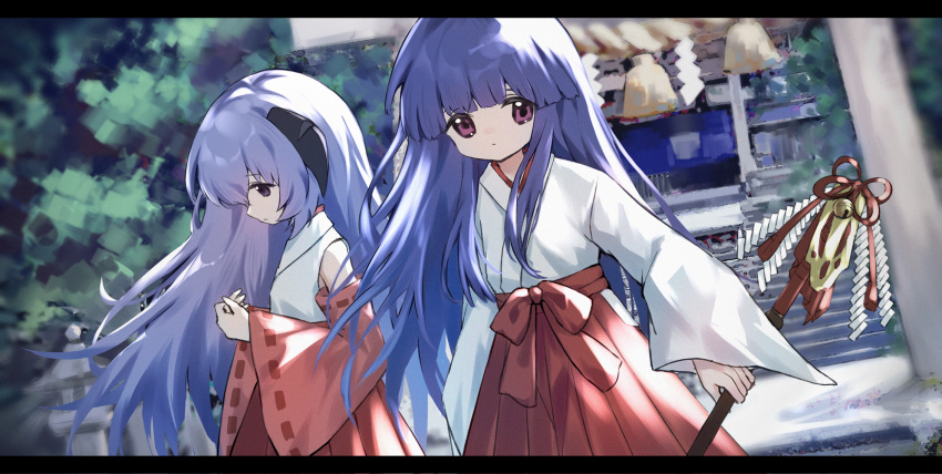 2girls bangs bell blunt_bangs blurry blurry_background chinese_commentary commentary_request cowboy_shot detached_sleeves expressionless furude_rika gohei hakama hakama_skirt hanyuu highres higurashi_no_naku_koro_ni holding holding_gohei holding_wand horns japanese_clothes jingle_bell kimono leaf letterboxed long_hair long_sleeves looking_at_viewer looking_down miko multiple_girls outdoors own_hands_together profile purple_eyes purple_hair red_skirt riinougat shrine skirt standing wand white_kimono wide_sleeves