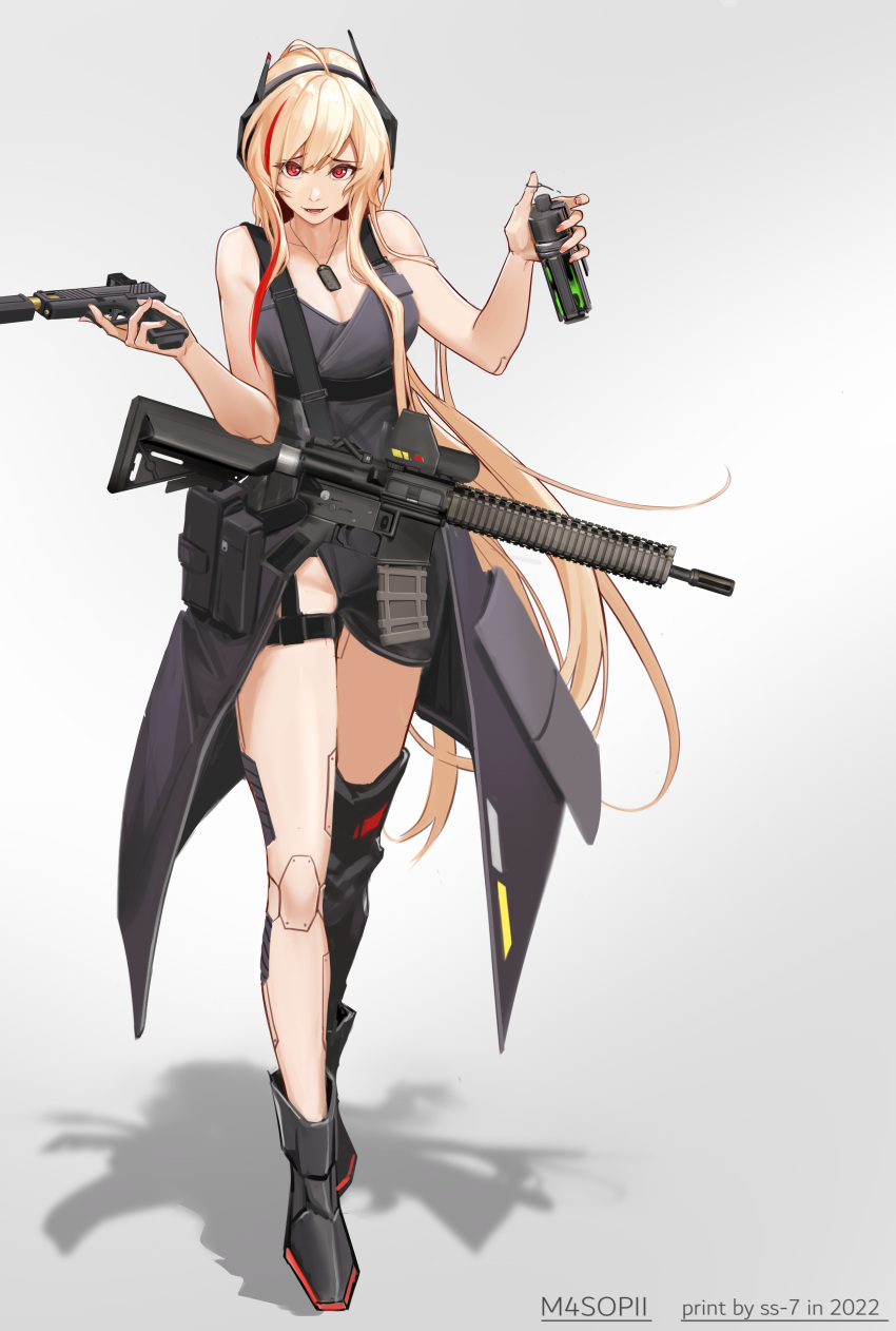 1girl absurdres alternate_costume artist_name assault_rifle asymmetrical_footwear bangs black_dress black_footwear blonde_hair breasts character_name cleavage collarbone dated dress explosive fangs full_body girls'_frontline grenade gun handgun headphones highres holding holding_gun holding_weapon jewelry legs long_hair looking_at_viewer m4_sopmod_ii m4_sopmod_ii_(girls'_frontline) mechanical_legs medallion medium_breasts multicolored_hair nail_polish necklace open_mouth pink_nails red_eyes rifle shadow single_mechanical_leg smile solo ss-7 standing streaked_hair very_long_hair weapon white_background
