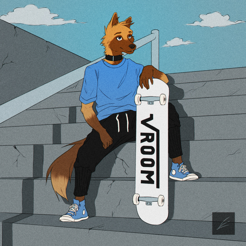 absurd_res anthro bonelesswolf brand_parody canid canine clothing collar footwear hi_res huge_filesize male mammal maned_wolf shirt shoes skateboard skinny sneakers solo sweatpants t-shirt topwear