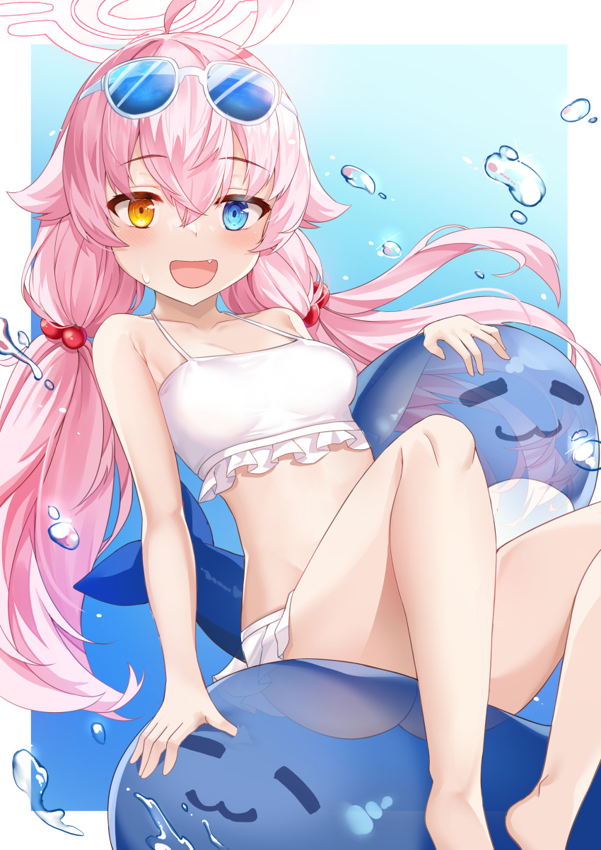 1girl absurdres ahoge bare_legs bikini blue_archive blush breasts deogho_(liujinzy9854) eyewear_on_head fang hair_ornament happy heterochromia highres hoshino_(blue_archive) hoshino_(swimsuit)_(blue_archive) inflatable_toy inflatable_whale long_hair navel open_mouth pink_hair sitting small_breasts smile solo sunglasses swimsuit twintails