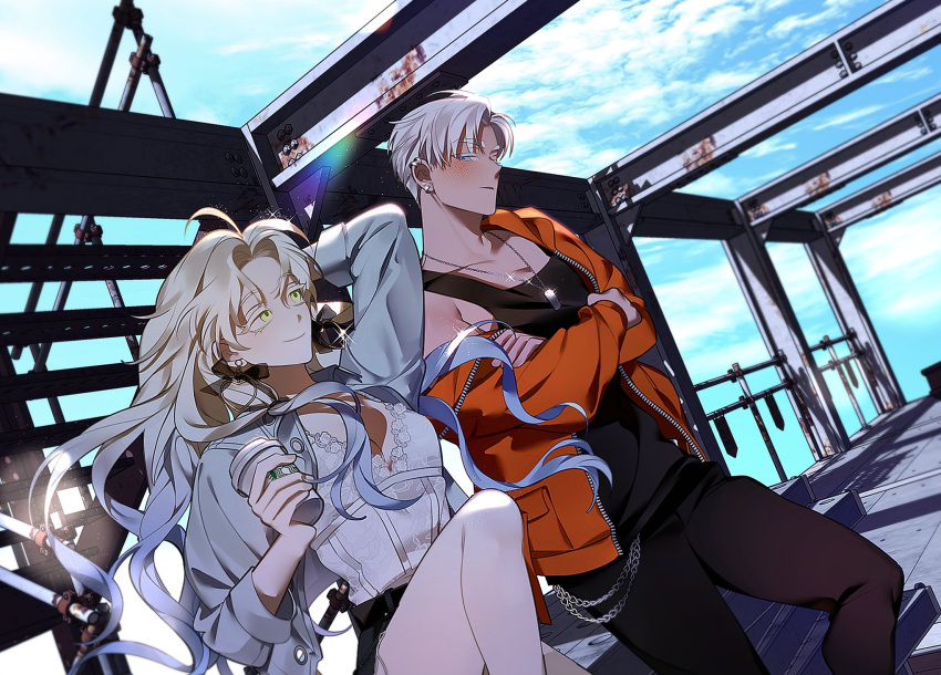 1boy 1girl black_tank_top blonde_hair blue_eyes blue_hair blush bosssama breasts cleavage cloud cloudy_sky colored_eyelashes commentary_request crossed_arms cup day disposable_cup dog_tags ear_piercing earrings green_eyes hand_in_own_hair highres hood hoodie jewelry korean_commentary leaning_on_object light_particles long_hair looking_at_viewer multicolored_hair open_clothes open_hoodie orange_hoodie original piercing short_hair sky smile starbucks tank_top two-tone_hair white_hair