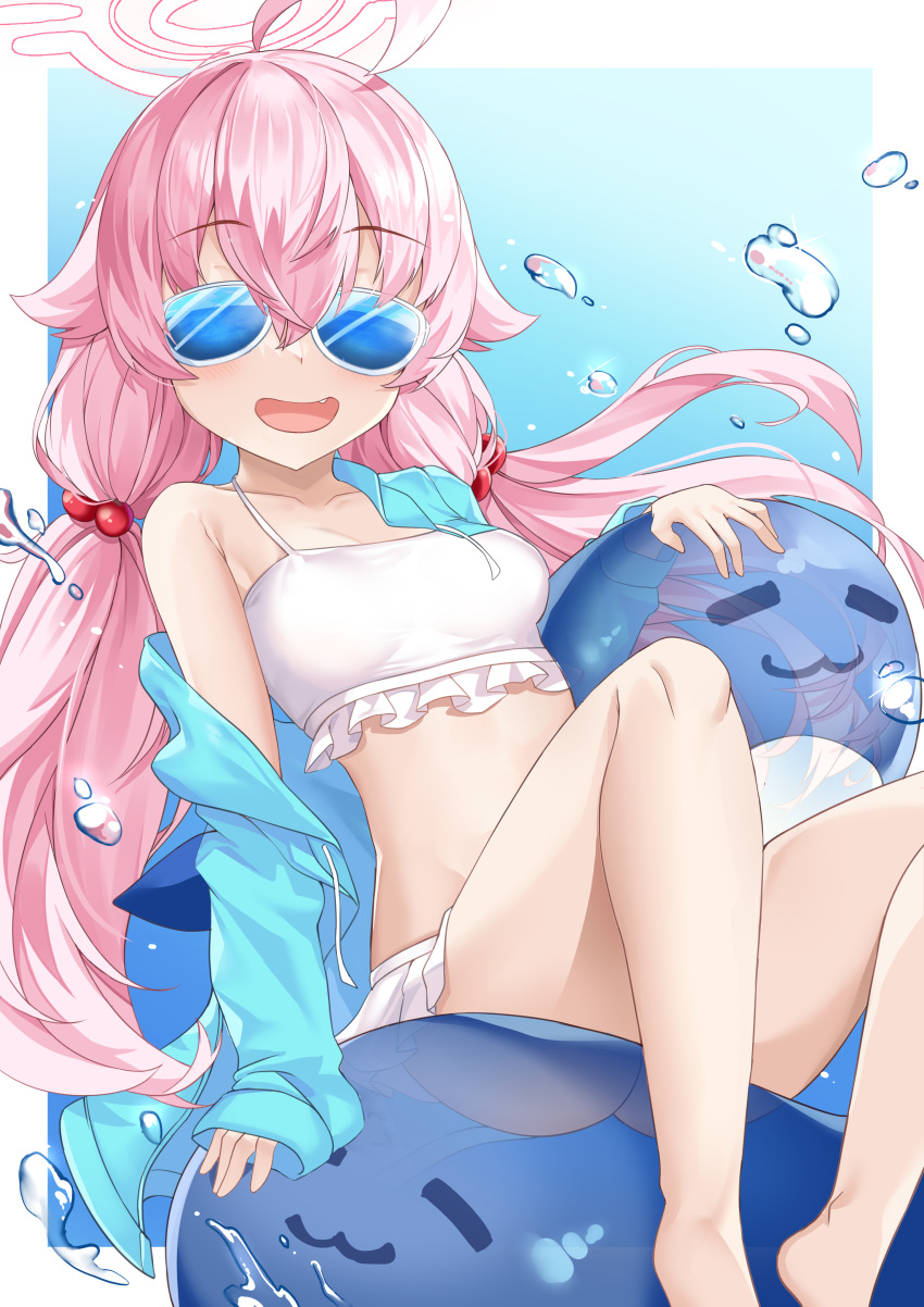 1girl absurdres ahoge bare_legs bikini blue_archive blush breasts deogho_(liujinzy9854) fang hair_ornament happy heterochromia highres hoshino_(blue_archive) hoshino_(swimsuit)_(blue_archive) inflatable_toy inflatable_whale long_hair navel open_mouth pink_hair sitting small_breasts smile solo sunglasses swimsuit twintails