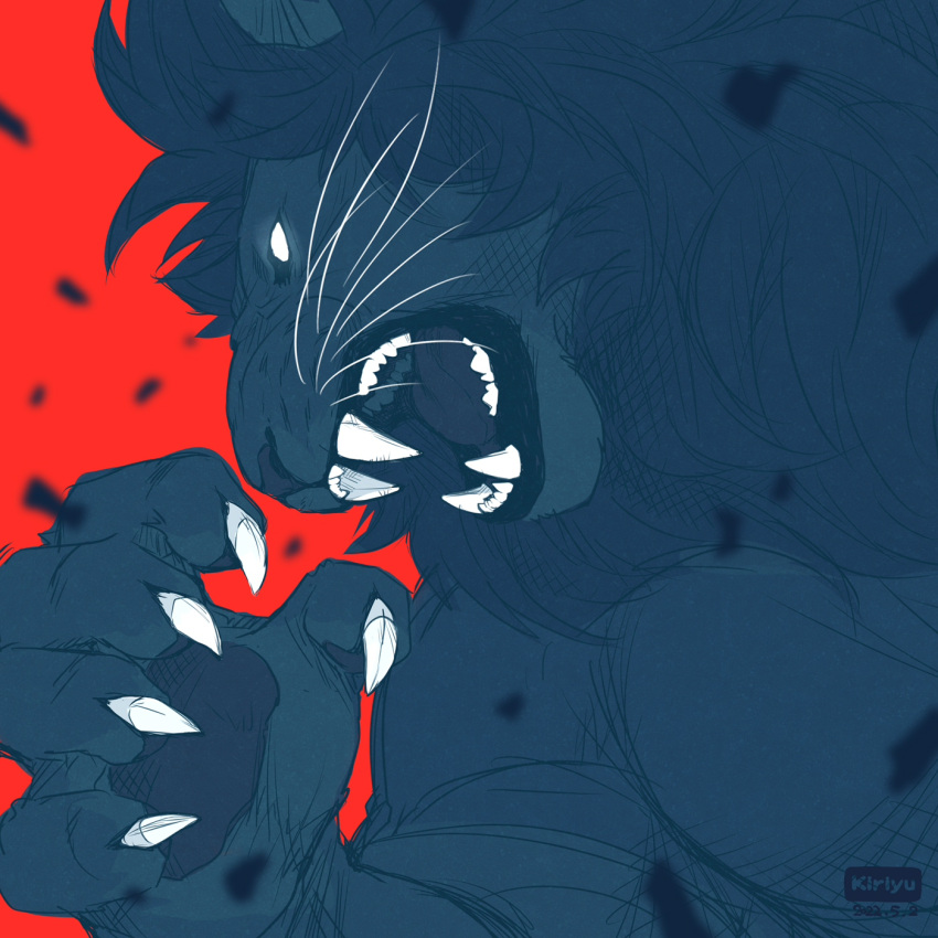 1boy animal_ears animal_hands artist_name bara body_fur claws fangs furry furry_male glowing glowing_eyes hand_up highres large_pectorals limited_palette lion_boy lion_ears looking_to_the_side male_focus mane muscular muscular_male no_pupils open_mouth original pectorals red_background sketch solo teru_suzu upper_body whiskers white_eyes