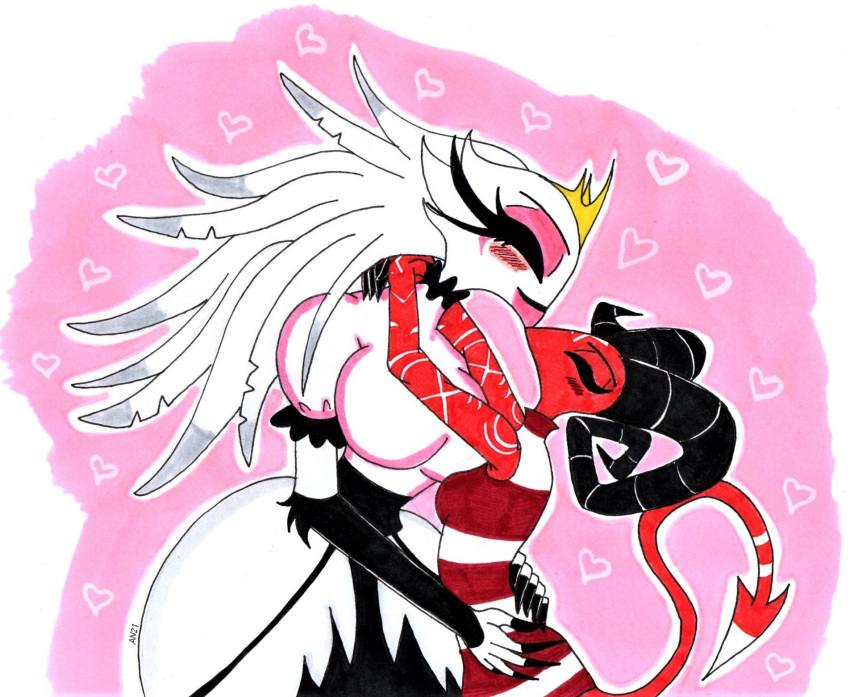 anthro avian barbie_(helluva_boss) beak breasts claws clothed clothing demon dress duo eyes_closed fangs feathers female female/female fur hair helluva_boss hi_res horn humanoid imp interspecies kissing love mature_female red_body romantic romantic_couple simple_background skeleslay smile stella_(helluva_boss) white_body white_feathers white_hair