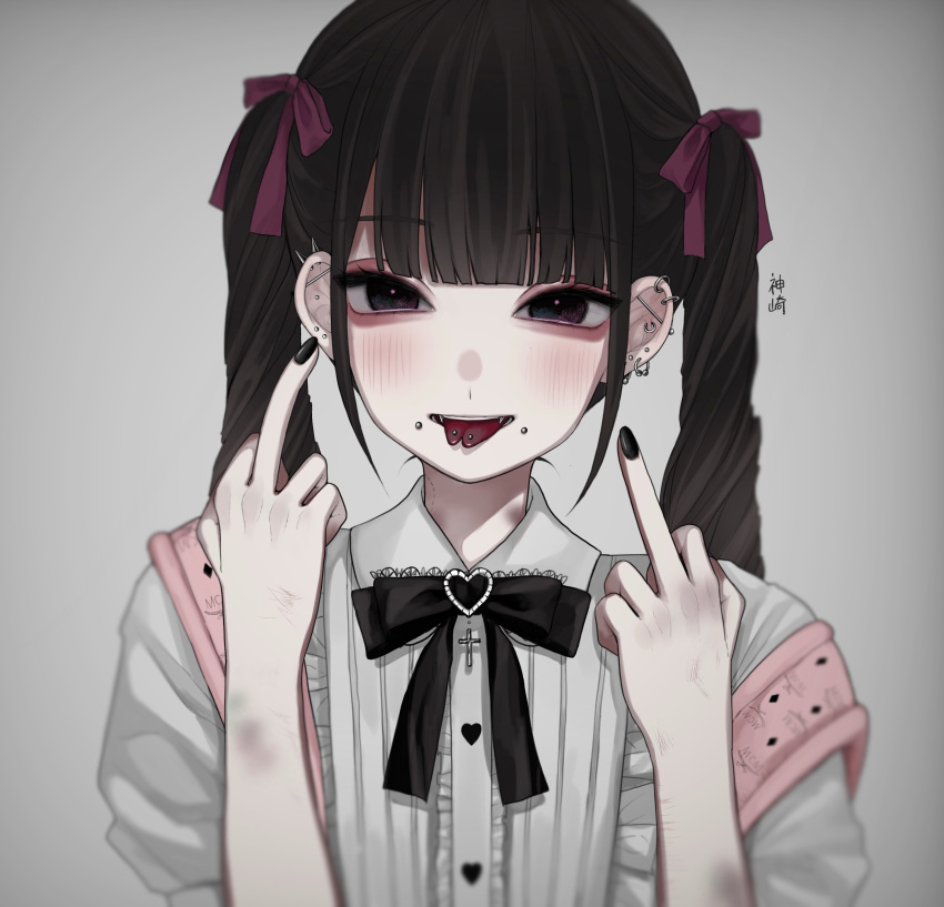 0mdjn0 1girl absurdres bangs bite_mark black_eyes black_hair blunt_bangs blurry blurry_foreground blush brooch bruise buttons center_frills cheek_piercing collared_shirt cross_ornament curly_hair double_middle_finger ear_piercing earrings fangs forked_tongue frilled_shirt frills hair_ribbon hands_up heart_brooch heart_button hickey highres injury jewelry long_hair looking_at_viewer middle_finger multiple_earrings nail_polish neck_ribbon open_mouth original piercing ribbon shirt short_sleeves smile solo suspenders tongue tongue_out tongue_piercing twintails