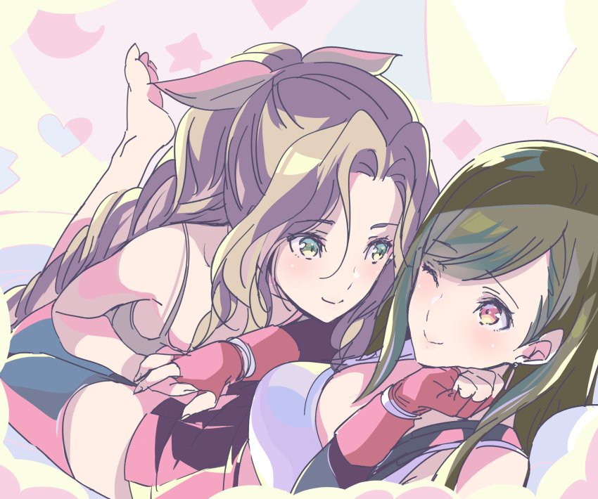 2girls aerith_gainsborough bangs black_legwear blush braid braided_ponytail breasts brown_eyes earrings final_fantasy final_fantasy_vii final_fantasy_vii_remake fingerless_gloves gloves green_eyes hair_ribbon head_on_hand heart highres holding_hands jacket jacket_removed jewelry large_breasts multicolored_background multiple_girls on_person one_eye_closed parted_bangs ribbon shirt shoji_sakura sidelocks skirt sleeveless sleeveless_shirt star_(symbol) suspenders thighhighs tifa_lockhart upper_body wavy_hair white_shirt yuri