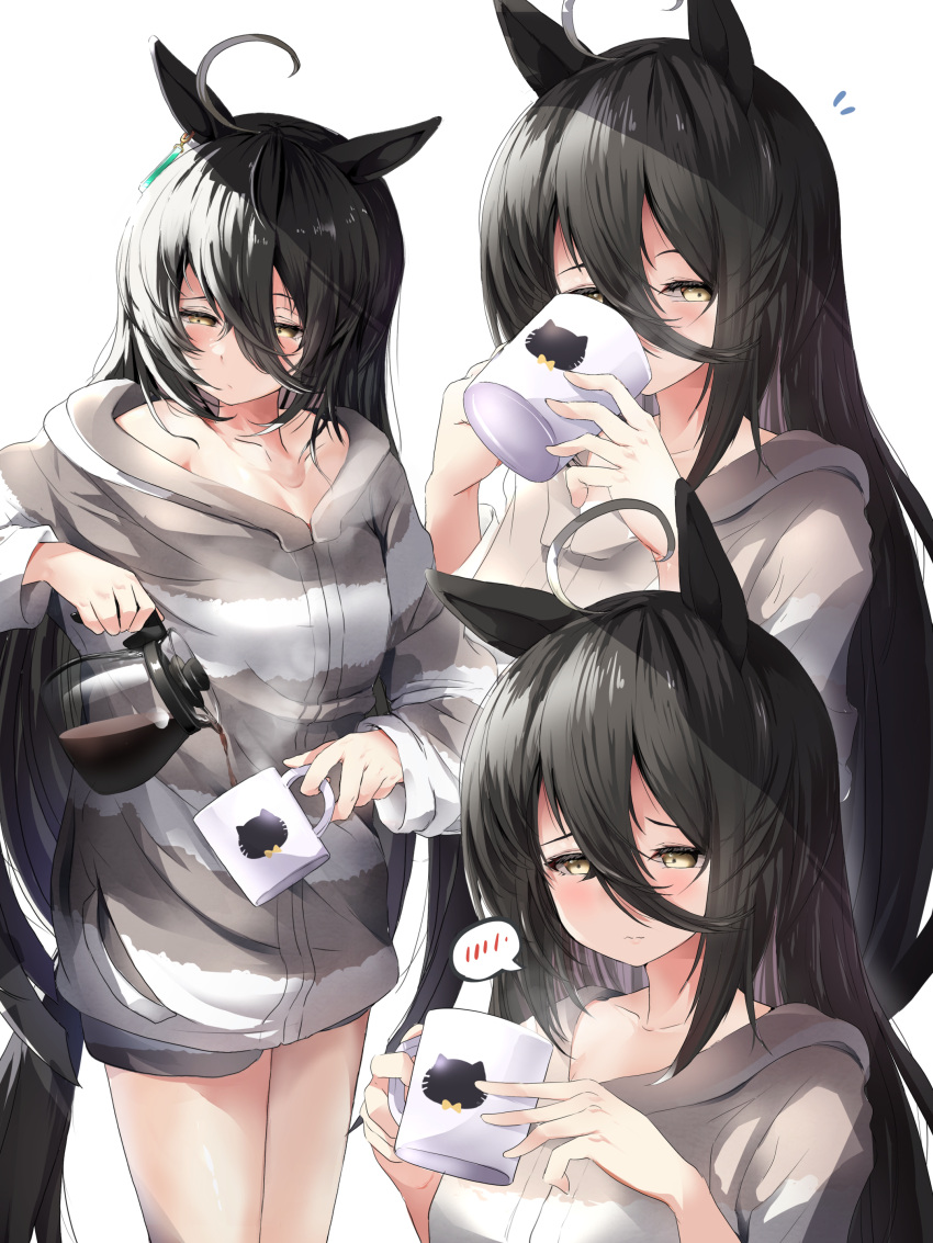 1girl absurdres ahoge animal_ears black_hair coffee coffee_cup cup disposable_cup drinking embarrassed hair_between_eyes highres horse_ears horse_girl horse_tail long_hair manhattan_cafe_(umamusume) multiple_views nekozane_ryo pouring solo speech_bubble tail umamusume very_long_hair yellow_eyes