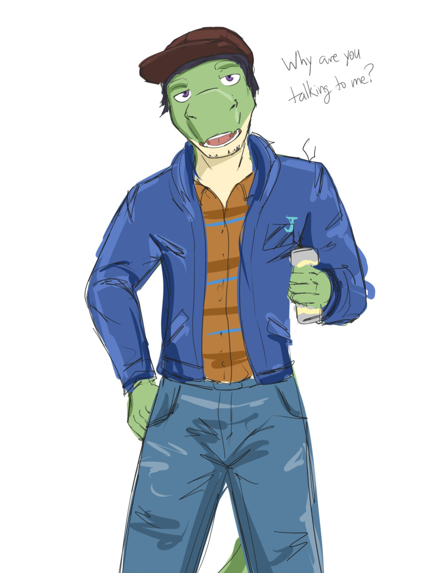 3:4 alternate_species anthro beverage bottomwear clothed clothing denim denim_clothing dialogue english_text fully_clothed furrification fuze hi_res holding_beverage holding_object jacket jeans male pants scalie shane_(stardew_valley) shirt simple_background solo stardew_valley talking_to_viewer text topwear white_background