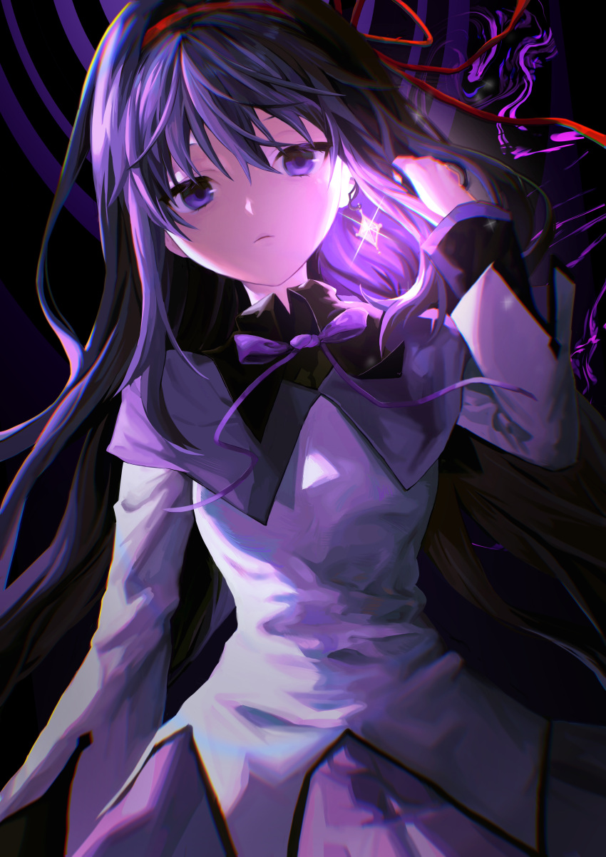 1girl absurdres akemi_homura bangs black_hair bow hair_ribbon hairband highres kineta long_hair long_sleeves looking_at_viewer mahou_shoujo_madoka_magica purple_bow purple_eyes purple_skirt purple_theme red_hairband red_ribbon ribbon skirt solo upper_body