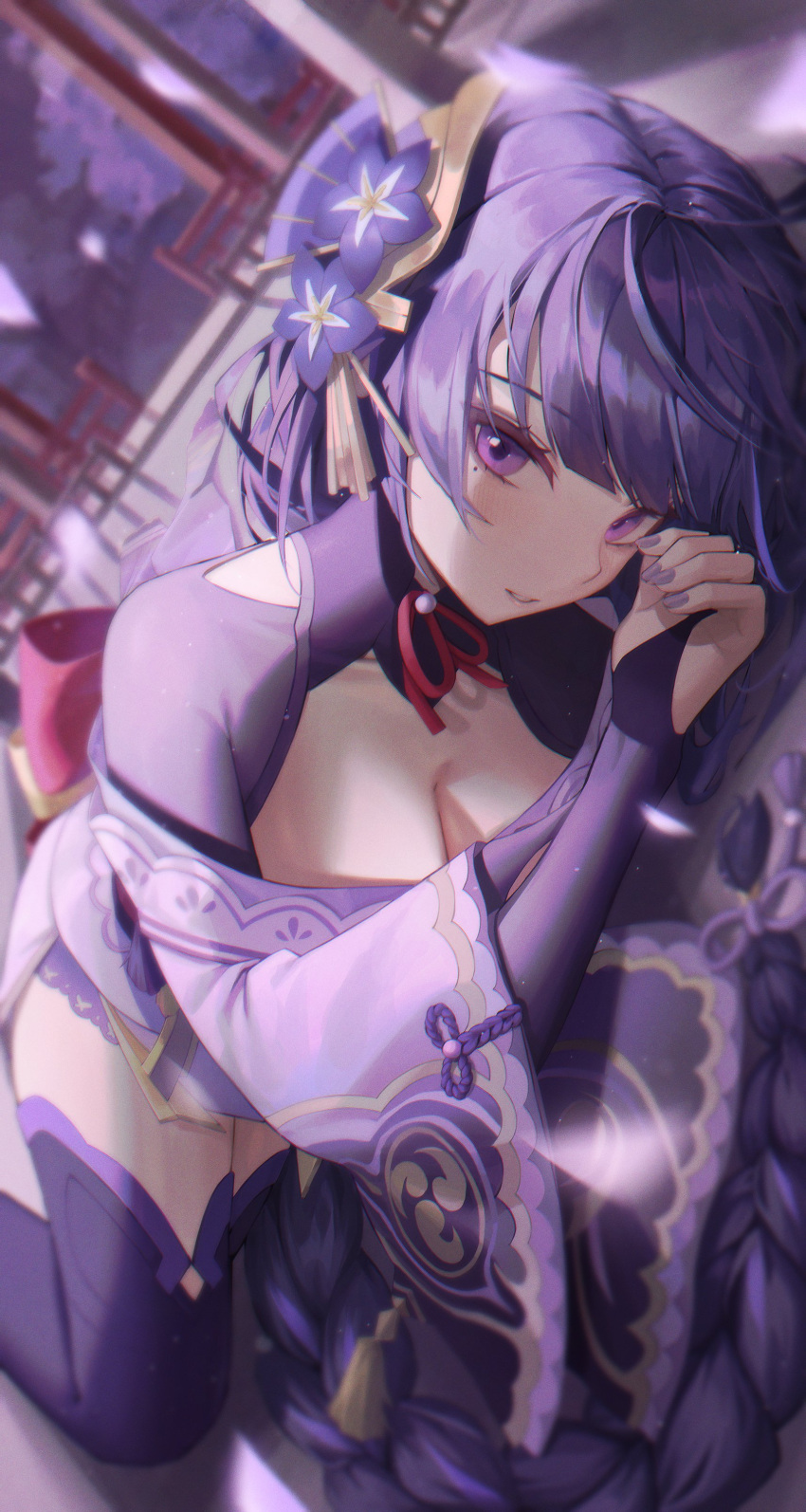 1girl absurdres back_bow bangs black_thighhighs blurry blurry_foreground bow braid braided_ponytail breasts bridal_gauntlets cleavage collarbone depth_of_field dutch_angle eyebrows_behind_hair feet_out_of_frame genshin_impact hair_ornament highres japanese_clothes kimono kongsi large_bow large_breasts light_blush light_particles long_hair looking_at_viewer lying mole mole_under_eye nail_polish neck_ribbon off_shoulder on_side outdoors parted_hair parted_lips purple_eyes purple_hair purple_kimono purple_nails raiden_shogun red_bow red_ribbon ribbon shadow solo very_long_hair wide_sleeves