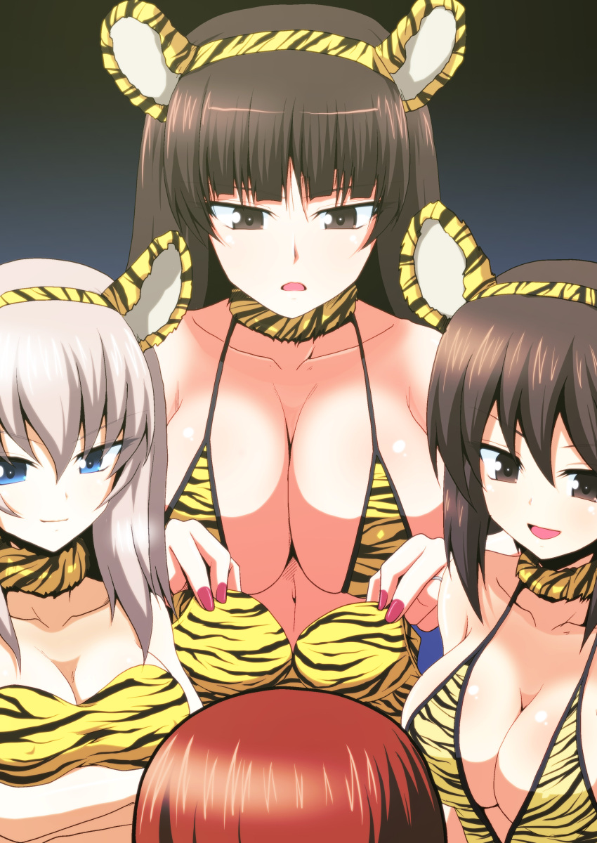 absurdres animal_ears animal_print bangs bikini black_background breasts brown_eyes brown_hair chinese_zodiac cleavage closed_mouth commentary crossed_arms fake_animal_ears fur_collar girls_und_panzer giving gradient gradient_background halterneck highres holding holding_clothes holding_swimsuit itsumi_erika kamishima_kanon large_breasts long_hair looking_at_another medium_breasts mother_and_daughter new_year nishizumi_maho nishizumi_miho nishizumi_shiho open_mouth print_bikini print_collar short_hair siblings side-by-side sisters smile strapless strapless_bikini swimsuit tiger_ears tiger_print year_of_the_tiger yellow_collar