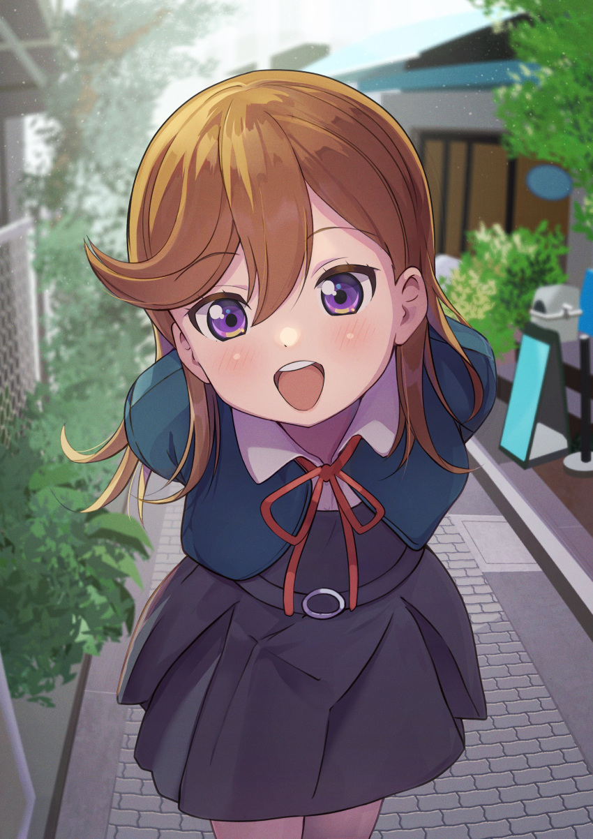 1girl :d absurdres arms_behind_back bangs blue_jacket blurry blurry_background brick_road bush collared_shirt commentary cowboy_shot depth_of_field dress grey_dress hair_between_eyes happy highres jacket leaning_forward long_hair looking_at_viewer love_live! love_live!_superstar!! morning neck_ribbon orange_hair outdoors purple_eyes red_ribbon ribbon round_teeth school_uniform shibuya_kanon shirt short_dress shrug_(clothing) sign smile solo swept_bangs tata_(tataice) teeth tongue tree upper_teeth winter_uniform yuigaoka_school_uniform