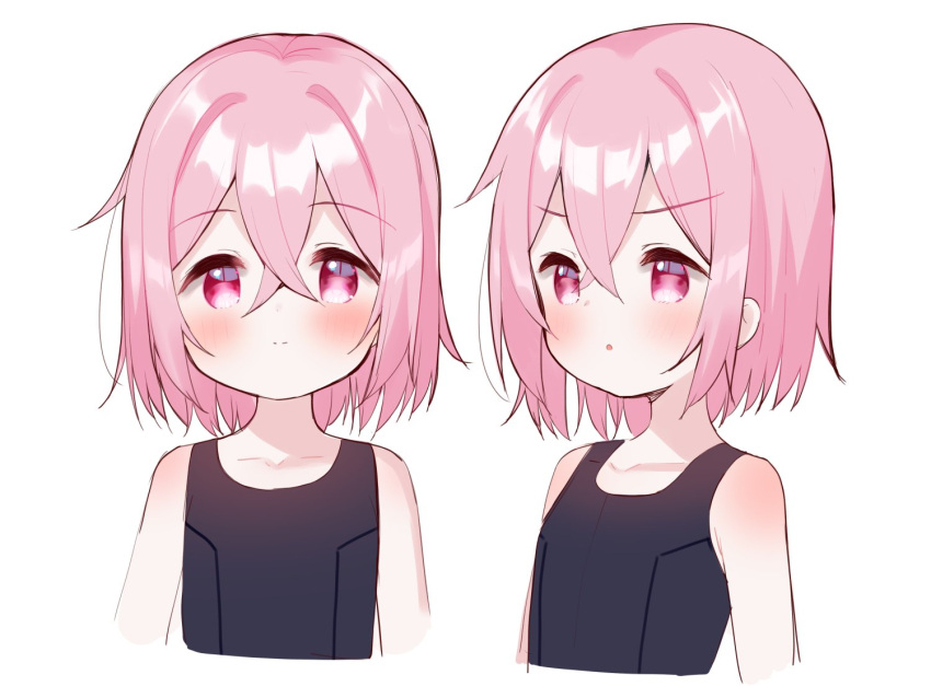 1girl :o bangs bare_shoulders blush closed_mouth collarbone cropped_torso hair_between_eyes looking_at_viewer looking_away meito_(maze) multiple_views original parted_lips pink_hair red_eyes short_hair simple_background smile upper_body v-shaped_eyebrows white_background