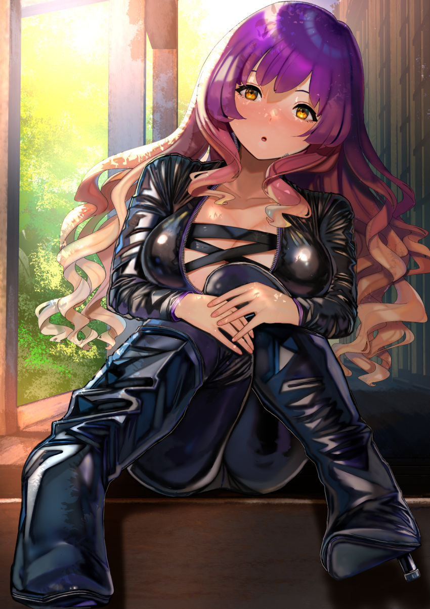 1girl :o bad_proportions banned_artist biker_clothes bikesuit black_bodysuit blonde_hair blush bodysuit boots breasts catsuit center_opening cross-laced_clothes gradient_hair high_heel_boots high_heels highres hijiri_byakuren knees_together_feet_apart leather_suit long_hair multicolored_hair own_hands_together poko_(mammypoko) purple_hair shiny shiny_clothes skin_tight solo touhou turbo_byakuren two-tone_hair unzipped wavy_hair yellow_eyes zipper