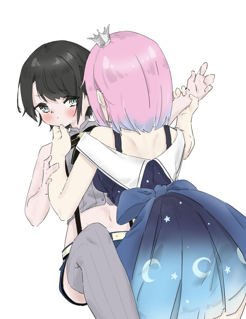 2girls bangs black_hair blue_dress blush commentary_request crescent crown dress gradient_dress grey_legwear hand_on_another's_chin highres himemori_luna holding_another's_wrist hololive looking_at_another medium_hair midriff mini_crown multiple_girls navel oozora_subaru pink_hair pinkucatjs short_hair shoulder_blades star_(symbol) sweat thighhighs virtual_youtuber white_background yuri