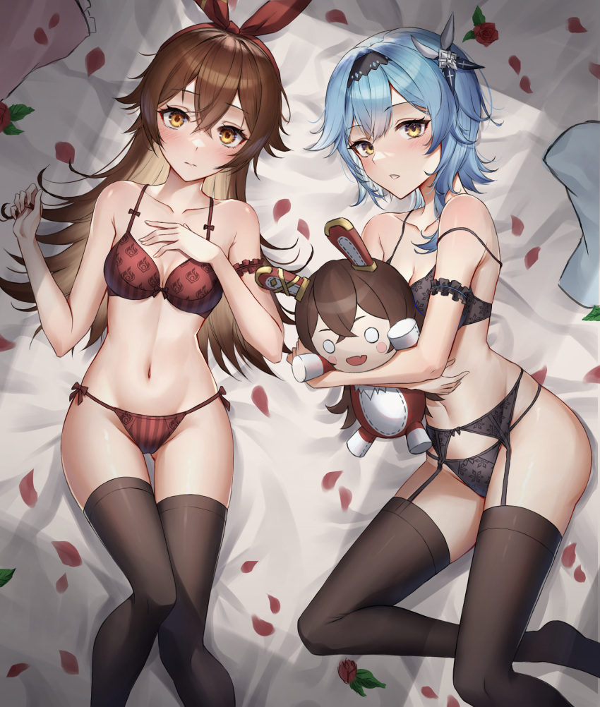 2girls absurdres amber_(genshin_impact) bangs baron_bunny_(genshin_impact) bed_sheet brown_eyes brown_hair commentary_request eula_(genshin_impact) genshin_impact hair_between_eyes hair_ribbon highres holding holding_stuffed_toy long_hair looking_at_viewer lying multiple_girls myske_(myst34415756) on_back petals red_ribbon ribbon rose_petals stuffed_toy very_long_hair