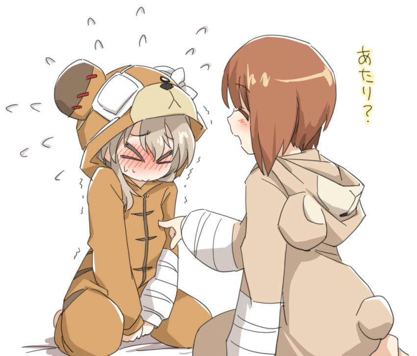 &gt;_&lt; 2girls animal_costume bear_costume bed_sheet blush boko_(girls_und_panzer) brown_eyes brown_hair closed_eyes commentary flying_sweatdrops girls_und_panzer hand_on_another's_chest hood hood_down light_brown_hair long_sleeves multiple_girls nishizumi_miho on_bed onesie open_mouth pajamas shimada_arisu short_hair simple_background sitting smile sweatdrop tewarusa translated trembling v_arms wariza white_background
