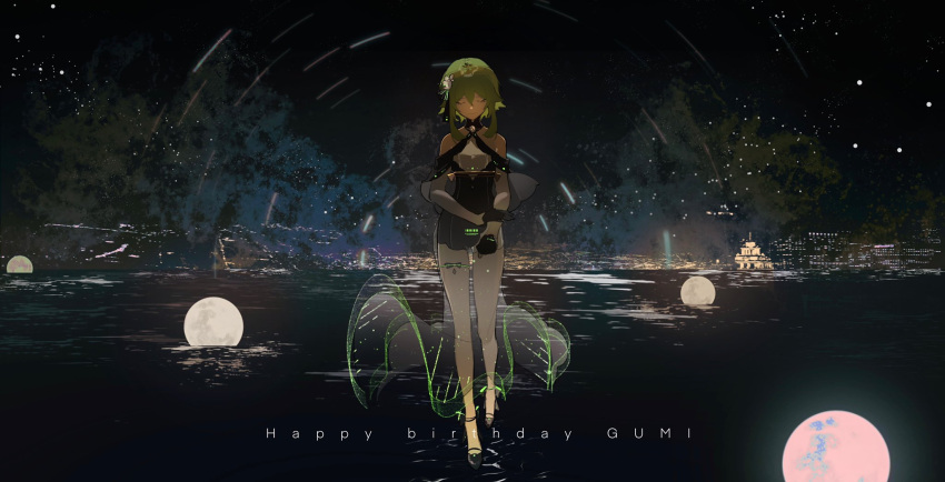 1girl bangs black_dress black_footwear black_gloves black_sky building character_name cityscape closed_eyes closed_mouth dress flower gloves green_hair gumi hair_flower hair_ornament happy_birthday highres hollning see-through see-through_dress short_hair_with_long_locks sky solo standing star_(sky) thigh_strap vocaloid water white_flower