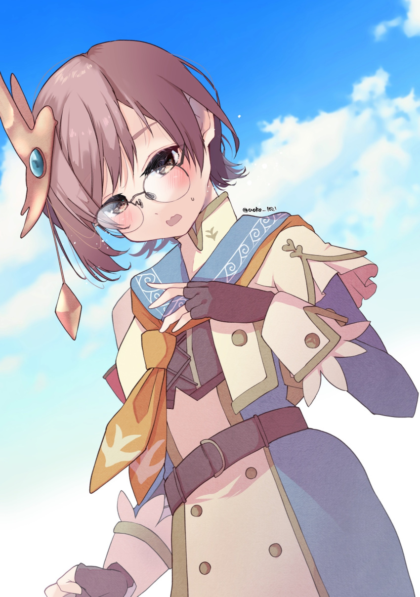 1girl aoko_(myut7287) bangs belt black_belt black_gloves blue_dress blue_sky blush brown_eyes brown_hair brown_jacket chichae_(monster_hunter) cloud cloudy_sky dress fingerless_gloves gloves hand_up highres jacket layered_sleeves long_sleeves monster_hunter_(series) monster_hunter_rise open_mouth outdoors short_over_long_sleeves short_sleeves sky solo sweat twitter_username wavy_mouth