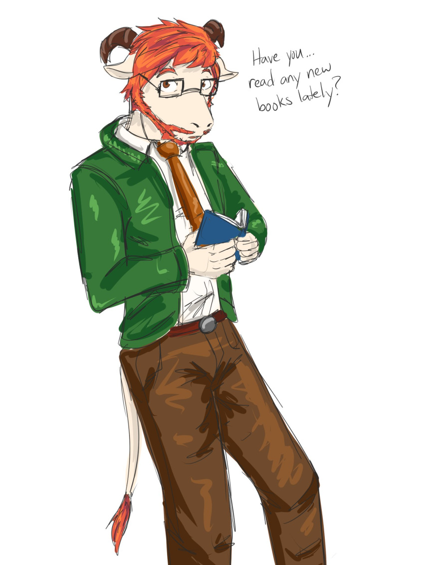3:4 alternate_species anthro beard book bottomwear bovid caprine clothed clothing dialogue english_text eyewear facial_hair fully_clothed furrification fuze glasses goat harvey_(stardew_valley) hi_res holding_book holding_object jacket male mammal necktie pants shirt simple_background solo stardew_valley talking_to_viewer text topwear white_background