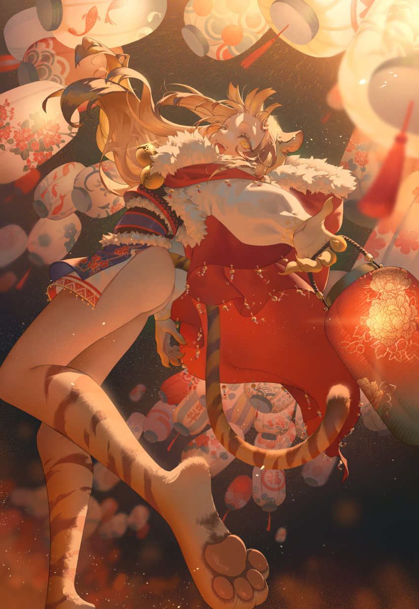 1girl :d animal_ears animal_hands ass bangs bare_legs bell blurry blurry_background brown_hair chinese_new_year clothing_request commentary_request depth_of_field fangs feet foreshortening from_below fur_trim glint highres holding jewelry karesuki lantern legs long_hair looking_at_viewer looking_down neck_bell night obon open_mouth orange_eyes original outstretched_hand paper_lantern perspective slit_pupils smile solo tail tassel tiger_ears tiger_girl tiger_tail