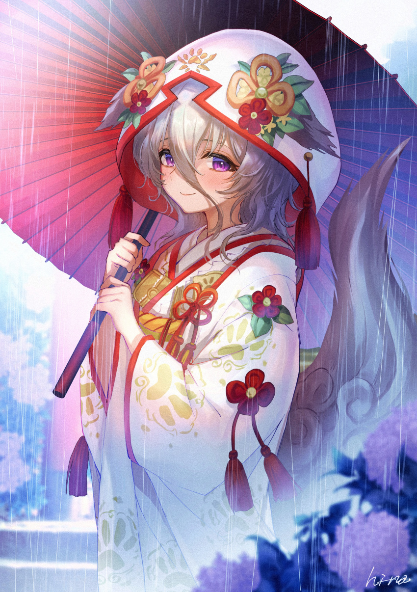 1girl absurdres animal_ears artist_name blush bride commentary ears_through_headwear eyebrows_behind_hair flower flower_knot grey_hair hair_between_eyes hi-na1 highres holding holding_umbrella hydrangea japanese_clothes kimono koma_(sennen_sensou_aigis) looking_at_viewer medium_hair oil-paper_umbrella outdoors paw_print purple_eyes rain red_umbrella sennen_sensou_aigis smile tail tassel tsunokakushi uchikake umbrella