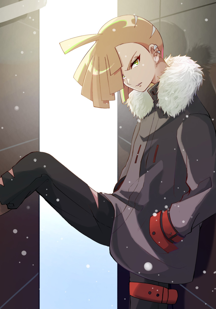 1boy absurdres ahoge alternate_costume bangs black_pants blonde_hair coat commentary_request ear_piercing eyelashes gladion_(pokemon) green_eyes hand_in_pocket highres leg_up looking_at_viewer male_focus pants parted_lips piercing pokemon pokemon_(game) pokemon_sm short_hair solo ssn_(sasa8u9r) thigh_strap torn_clothes torn_pants