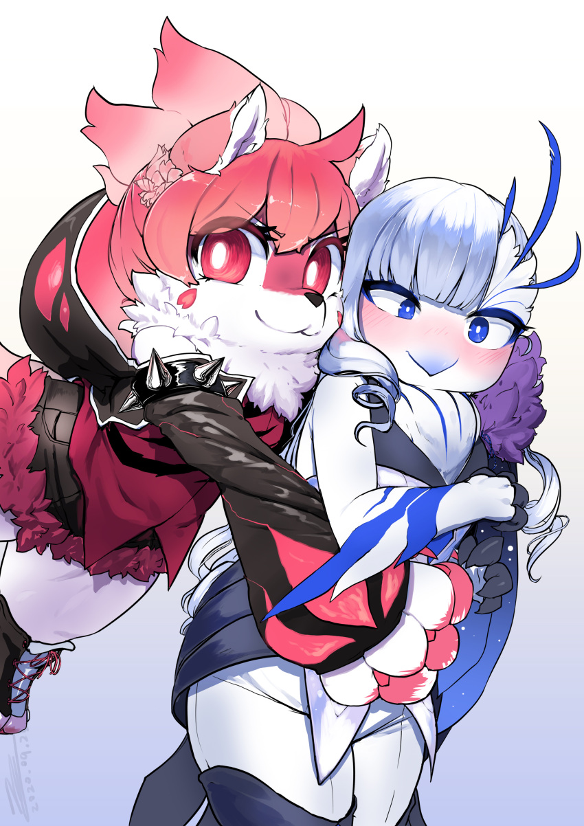 2girls :3 absurdres animal_ears animal_hands animal_nose armlet bangs bare_shoulders beak bird_girl bird_tail black_footwear black_shorts blue_eyes blue_fur blue_hair blunt_bangs blush body_fur boots bright_pupils claws closed_mouth commentary_request constricted_pupils cowboy_shot cropped_jacket cross-laced_footwear dated drill_hair embarrassed facial_mark flat_chest fox_ears fox_girl fox_tail fur-trimmed_shorts fur_collar fur_trim furrification furry furry_female glomp gradient gradient_background hands_up happy highres hood hood_down hooded_jacket hug hug_from_behind jacket jumping korean_commentary long_sleeves looking_at_viewer multicolored_hair multiple_girls nose_blush open_clothes open_jacket original outstretched_arms own_hands_together pants red_eyes red_fur red_shirt shirt shoes shorts sidelocks simple_background sleeveless sleeveless_shirt smile snout spiked_armlet standing tail tajyador thigh_boots two-tone_fur two-tone_hair v-shaped_eyebrows white_background white_fur white_hair white_pants white_pupils white_shirt