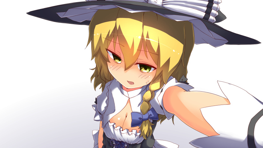 1girl bags_under_eyes bangs blonde_hair blue_bow blue_ribbon blush bow breasts cleavage commentary_request cookie_(touhou) grey_background hair_between_eyes hair_bow hat hat_bow highres kabedon kirisame_marisa kurotsuki_hiiragi long_hair looking_at_viewer mars_(cookie) medium_breasts open_mouth pov puffy_short_sleeves puffy_sleeves rei_no_himo ribbon short_sleeves simple_background solo touhou upper_body white_bow witch_hat yellow_eyes