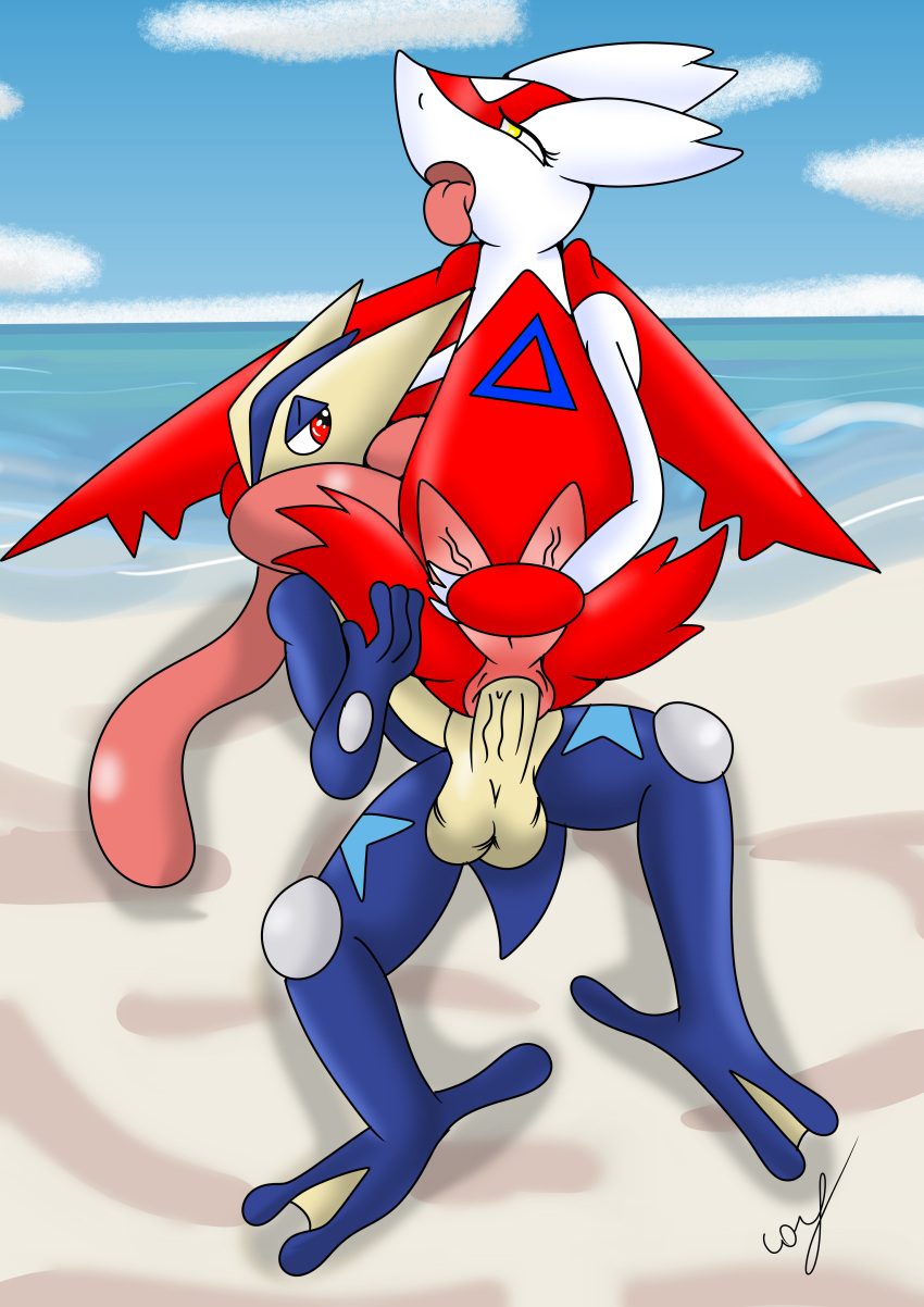 absurd_res anthro balls duo genitals greninja hi_res latias legendary_pok&eacute;mon male male/male nintendo penis pok&eacute;mon pok&eacute;mon_(species) tongue tongue_out video_games