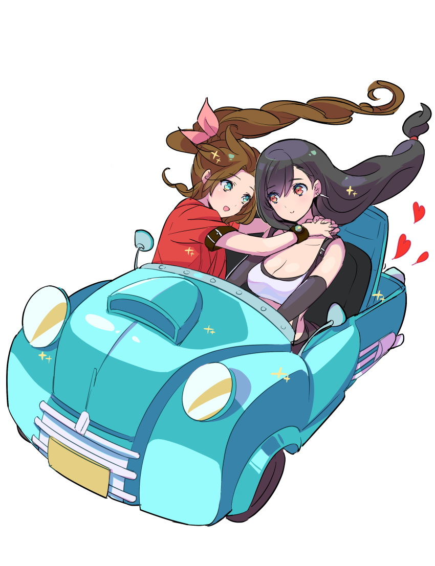 2girls absurdres aerith_gainsborough arms_around_neck asymmetrical_bangs bangs bare_shoulders black_hair bracelet braid braided_ponytail breasts brown_hair cleavage driving earrings elbow_gloves final_fantasy final_fantasy_vii final_fantasy_vii_remake gloves green_eyes ground_vehicle hair_between_eyes hair_ribbon headlight heart highres jacket jewelry large_breasts long_hair looking_at_another low-tied_long_hair motor_vehicle multiple_girls open_mouth parted_bangs pickup_truck red_eyes red_jacket ribbon shirt shoji_sakura short_sleeves side_mirror sidelocks smile sparkle sports_bra suspenders tifa_lockhart truck upper_body white_background white_shirt yuri