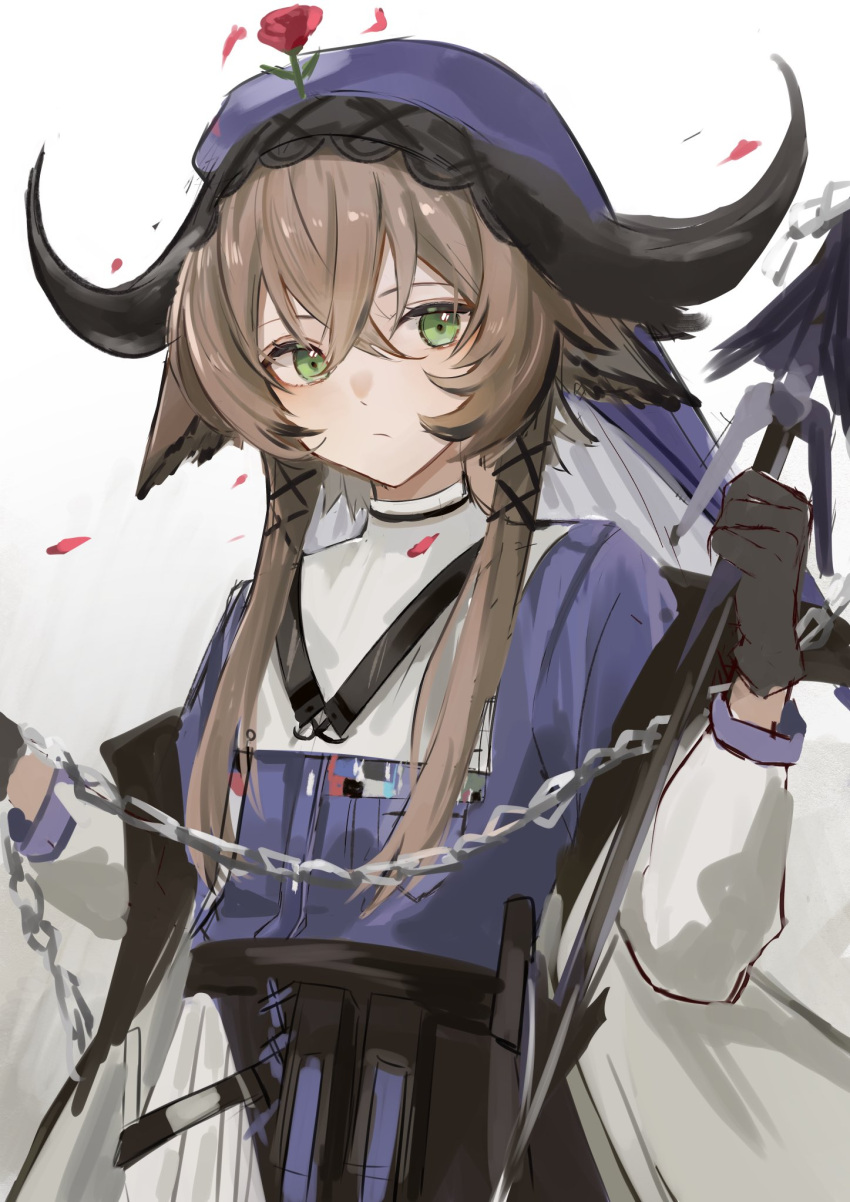 1girl animal_ears arknights azuazu_0405 bangs black_gloves blue_shirt brown_hair cow_ears cow_girl cow_horns crossed_bangs falling_petals flower flower_on_head gloves green_eyes hair_tubes highres holding_flail hood hood_up hooded_shirt horns jacket long_sleeves looking_at_viewer off_shoulder open_clothes open_jacket pallas_(arknights) petals red_flower shirt simple_background sketch solo upper_body white_background white_jacket