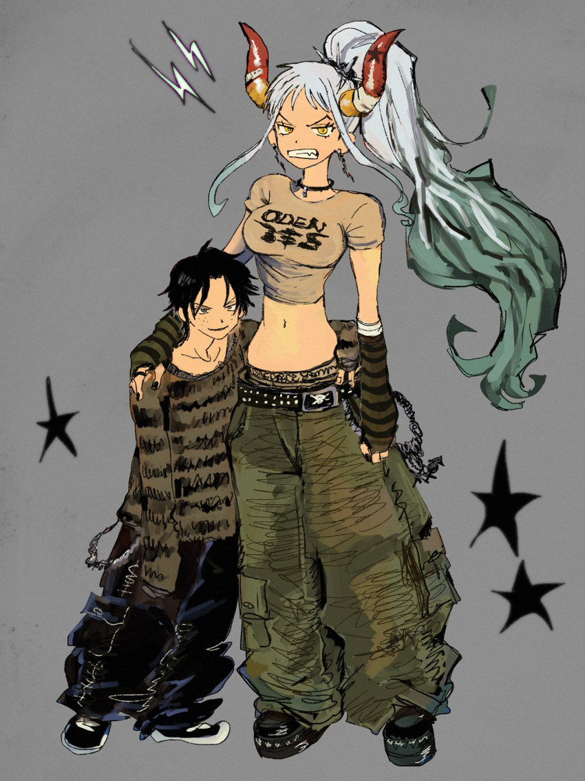 1boy 1girl angry arm_around_waist arm_over_shoulder baggy_pants belt black_nails black_pants breasts cargo_pants clenched_teeth crop_top curled_horns earrings full_body green_pants hair_ornament highres horns jewelry long_hair loose_pants lowleg lowleg_pants makenevemoiine midriff multicolored_hair multicolored_horns navel necklace one_piece pants platform_boots ponytail portgas_d._ace sagging_pants shoes simple_background smile sneakers sweater tall_female teeth underwear wallet_chain white_hair yamato_(one_piece)