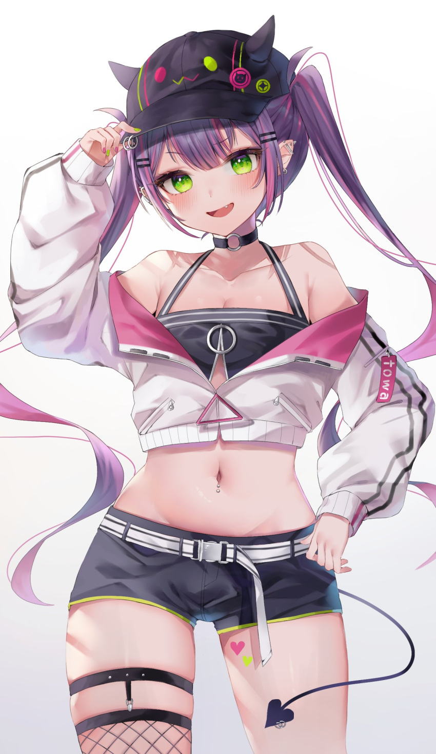 1girl absurdres bangs bare_shoulders bibi_(tokoyami_towa) black_headwear black_shorts bmw crop_top cropped_jacket demon_girl demon_tail ear_piercing fake_horns fang fishnet_legwear fishnets green_eyes green_nails hand_on_headwear heart heart_tattoo highres hololive horned_headwear horns jacket leg_tattoo legwear_garter long_hair long_sleeves looking_at_viewer midriff multicolored_hair multicolored_nails nail_polish navel navel_piercing nichino off_shoulder open_clothes open_jacket open_mouth piercing pink_hair pink_nails pointy_ears purple_hair short_shorts shorts simple_background smile solo tail tattoo thighhighs tokoyami_towa twintails two-tone_hair very_long_hair virtual_youtuber white_background white_jacket