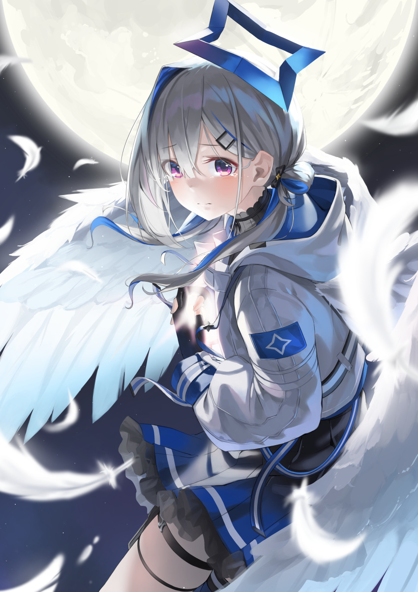 1girl absurdres amane_kanata bangs black_gloves blue_hair blue_skirt blurry blurry_foreground closed_mouth commentary feathered_wings feathers flying frilled_skirt frills gloves grey_hair hair_ornament hairclip highres hololive hood hood_down jacket kimyo long_hair long_sleeves looking_at_viewer moon multicolored_hair own_hands_together partially_fingerless_gloves purple_eyes skirt sky solo star_(sky) star_(symbol) star_hair_ornament starry_sky streaked_hair tearing_up thigh_strap virtual_youtuber white_feathers white_jacket wings