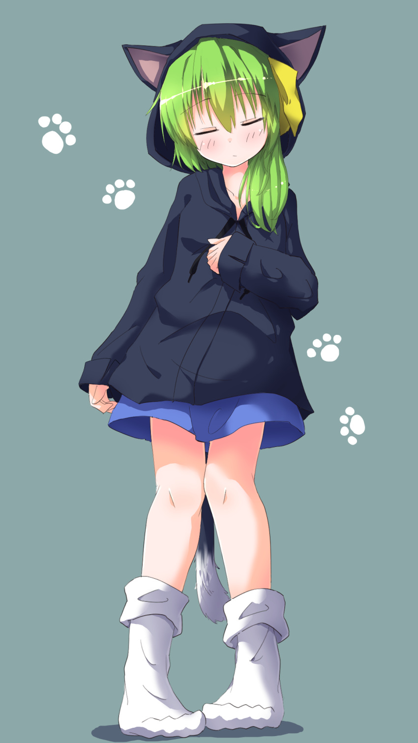 1girl alternate_costume animal_ears animal_hood bangs black_hoodie blue_skirt blush bow cat_ears cat_hood cat_tail closed_eyes closed_mouth commentary_request cookie_(touhou) daiyousei diyusi_(cookie) expressionless flat_chest full_body green_hair hair_bow hair_over_shoulder highres hood hoodie kurotsuki_hiiragi long_hair miniskirt no_shoes paw_print paw_print_background ponytail skirt sleeves_past_wrists socks solo tail touhou white_socks yellow_bow