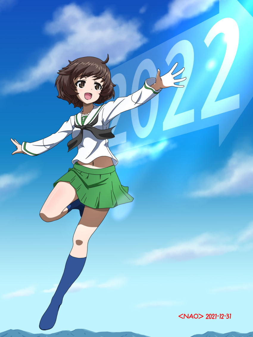 1girl 2022 :d akiyama_yukari arrow_(symbol) artist_name bangs black_neckerchief blouse blue_legwear blue_sky brown_eyes brown_hair cloud cloudy_sky commentary_request dated day girls_und_panzer green_skirt highres jumping leg_up long_sleeves looking_to_the_side messy_hair midriff_peek miniskirt naotosi navel neckerchief new_year ooarai_school_uniform open_mouth outdoors outstretched_arms partial_commentary pleated_skirt sailor_collar school_uniform serafuku shirt short_hair skirt sky smile socks solo spread_arms white_sailor_collar white_shirt