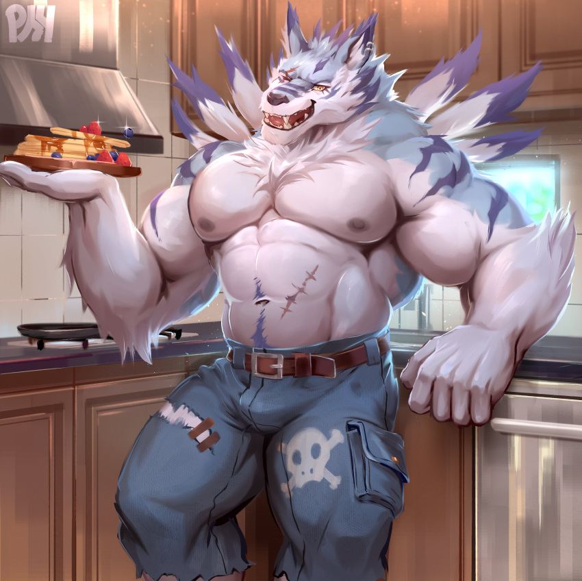 absurd_res bandai_namco biceps big_muscles bulge clothed clothing digimon digimon_(species) ear_piercing food fruit hi_res kitchen looking_at_viewer male muscular navel nipples pecs physen piercing plant scar solo strawberry topless torn_clothing waffle weregarurumon